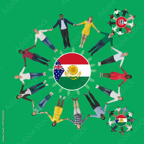 Diverse people holding hands in a circle around a circular flag