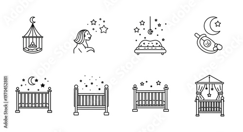 Dreamy Night Icons: Moon, Stars, Cribs, and Sleep Symbols