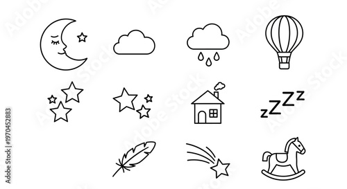 Dreamy Night Icons: Moon, Stars, Clouds, Hot Air Balloon, House, Feather, Rocking Horse