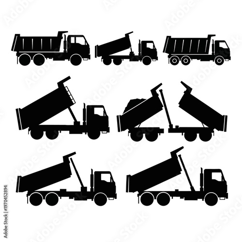 Dump Truck Silhouettes: Loading, Unloading, and Transporting Construction Materials