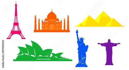 Famous World Landmarks Collection - Colorful Iconic Buildings Silhouette