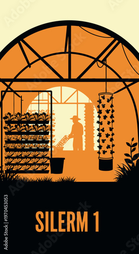Farmer in Greenhouse with Vertical Hydroponic Garden and Plants