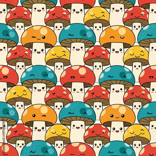 Cute Kawaii Mushroom Characters Seamless Pattern.