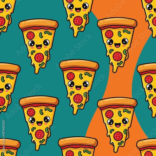 Cute Kawaii Pizza Slices Seamless Pattern.
