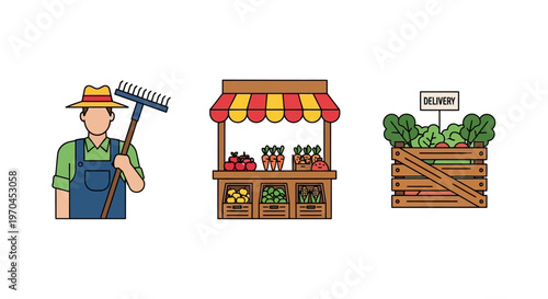Farmer, Market Stall, and Produce Crate with Delivery Sign - Farm Fresh Icons