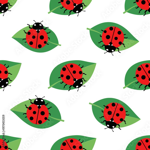 Cute Ladybugs on Green Leaves Seamless Pattern.