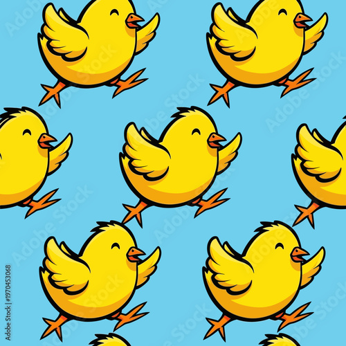 Cute Yellow Chickens Running Seamless Pattern Illustration.