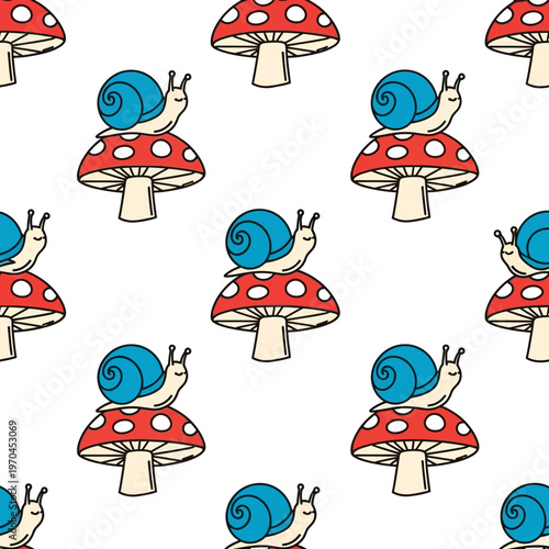 Cute Snail Sitting on a Red Mushroom Pattern.