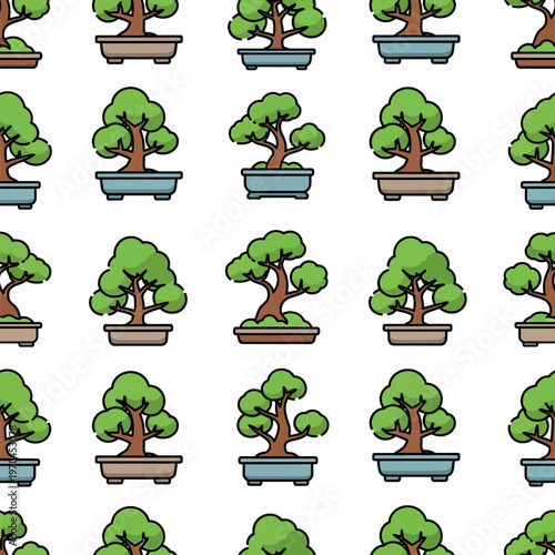 Pattern of various potted bonsai trees in cartoon style.