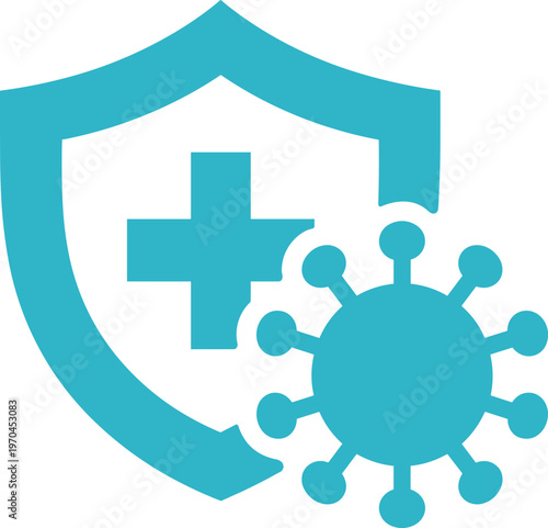 Cyan shield with cross and virus icon symbolizing protection and health coronavirus