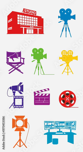 Film Production Icons: Studio, Cameras, Clapperboard, Lights, Monitors