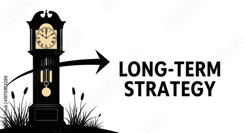 Grandfather Clock and Arrow Pointing to Long-Term Strategy Text