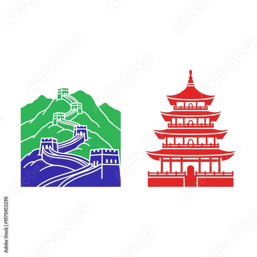 Great Wall of China and Pagoda Icon Set - Chinese Landmarks Vector Illustration