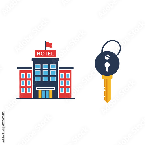 Hotel Building and Key Icon - Accommodation and Lodging Concept