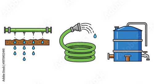 Irrigation System Components: Drip, Hose, and Tank