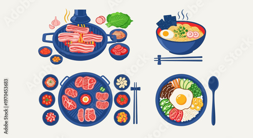 Korean Food Assortment: BBQ, Ramen, Bibimbap, and Kimchi Illustrations
