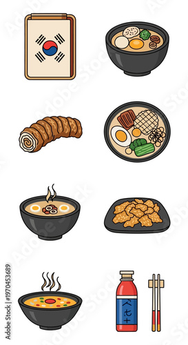 Korean Food Icons Pixel Art - Kimchi, Ramen, Gimbap, Bibimbap, Korean Flag