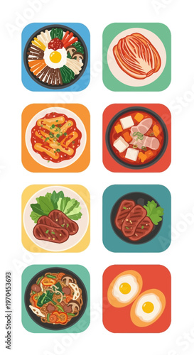 Korean Food Icons: Bibimbap, Kimchi, Bulgogi, and More - Flat Design