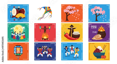 Korean Traditional Culture Icons Set: Festivals, Food, and Folk Art