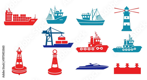 Nautical Icons Set: Ships, Boats, Lighthouse, Buoys, Harbor Crane, Yacht