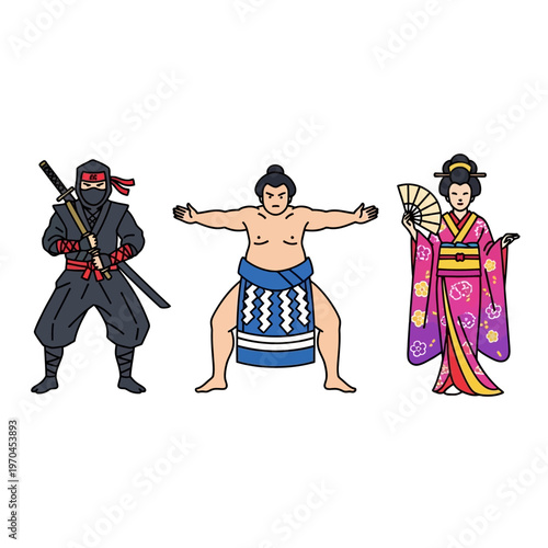 Ninja, Sumo Wrestler, Geisha: Traditional Japanese Characters Isolated on White