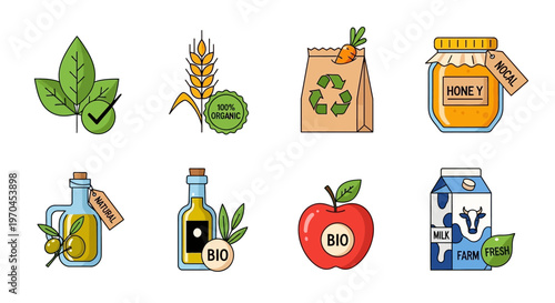 Organic food icons: leaves, wheat, honey, oil, apple, milk, carrot, recycling