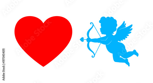 Red Heart and Blue Cupid Silhouette with Bow and Arrow - Love Symbol