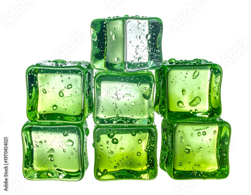 Stacked translucent green cubes with water droplets