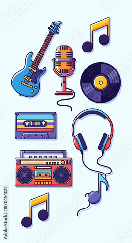 Retro Music Icons: Guitar, Cassette, Boombox, Vinyl, Microphone, Headphones