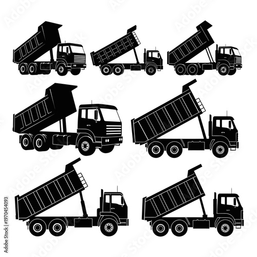 Set of 7 Black Silhouette Dump Trucks with Raised Beds, Isolated on White