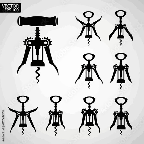 Set of Wine Corkscrew Icons, Black Silhouettes on Grey Background