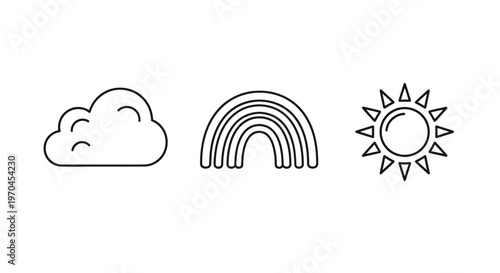 Simple Outline Icons: Cloud, Rainbow Arch, Sun Symbol. Weather Icons Set.