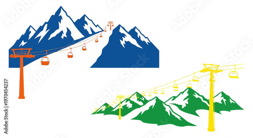 Ski lift cabins ascend snowy blue mountains and green peaks on white background
