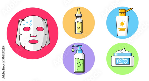 Skincare Routine Icons: Sheet Mask, Serum, Sunscreen, Lotion, Cream