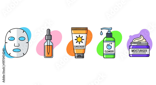 Skincare Routine Icons: Face Mask, Serum, Sunscreen, Cleanser, Moisturizer