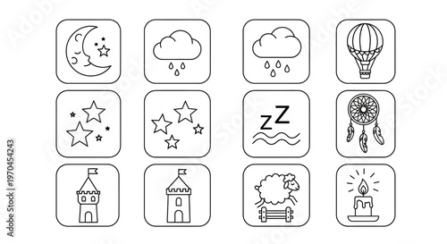 Sleep Icons Set: Moon, Stars, Rain, Dreamcatcher, Sheep, Castle, Candle