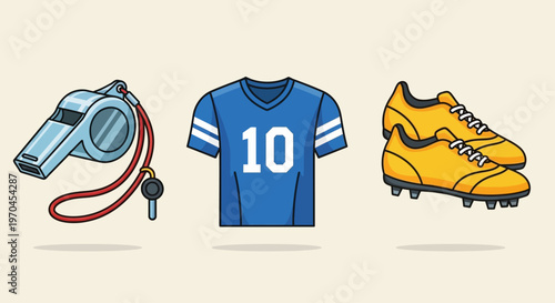 Soccer Game Gear: Whistle, Jersey with Number 10, and Cleats - Sports Icon Set