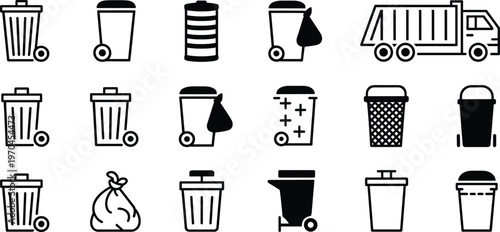 Set of Black and White Icons for Trash Cans, Garbage Bags, and Truck waste