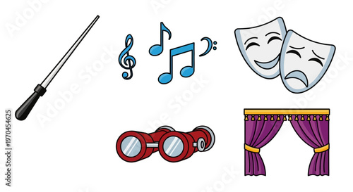 Theater Performance Symbols: Conductor Baton, Music Notes, Masks, Binoculars, Stage Curtain