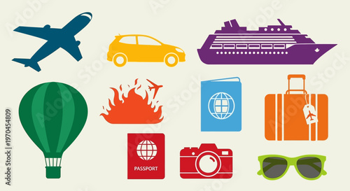 Travel Icons Set: Airplane, Car, Cruise Ship, Hot Air Balloon, Passport, Suitcase