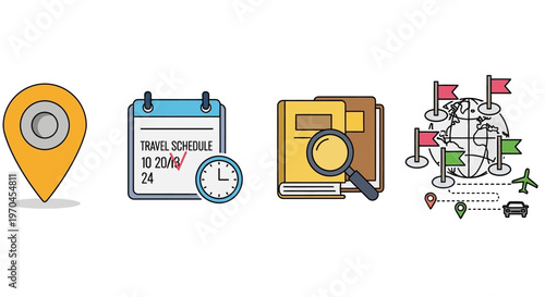 Travel planning icons: map pin, calendar, documents, globe with flags and transport