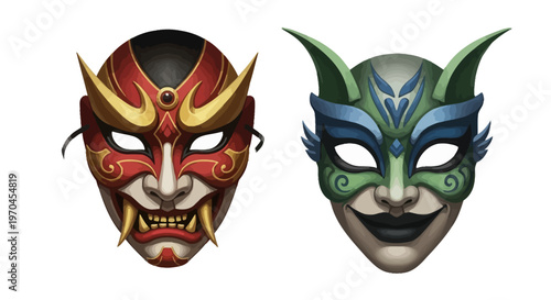 Two traditional festival masks, Japanese Oni and playful cat, isolated on white.