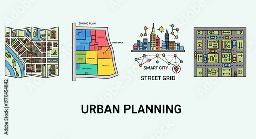 Urban Planning: Smart City Street Grid and City Maps Illustration