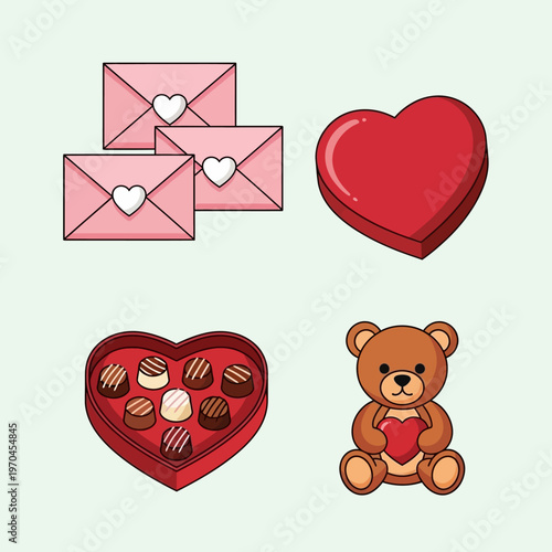 Valentine's Day Symbols: Love Letters, Chocolate Box, Teddy Bear, Heart Shape