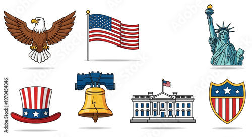 USA Symbols Collection: Eagle, Flag, Statue of Liberty, Uncle Sam Hat, Liberty Bell, White House