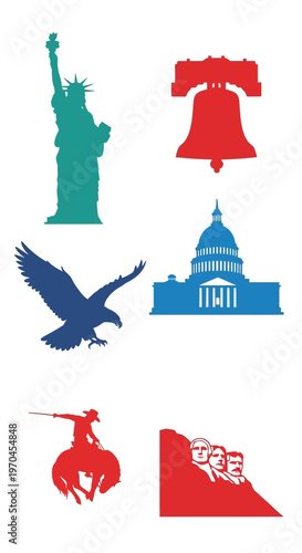 USA Icons Silhouette Collection: Liberty Bell, Eagle, Capitol, Cowboy, Mt Rushmore
