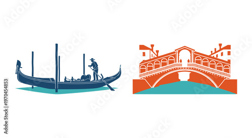 Venice Gondola and Rialto Bridge Silhouette Icon Set