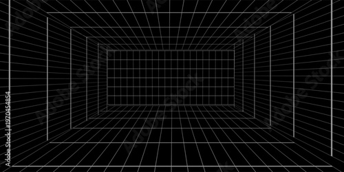 Futuristic perspective grid box. Abstract wireframe with white grid line on black background. Virtual reality landscape in 80s 90s digital style. Vector