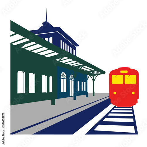 Vintage Train Station Architecture with Red Train on Tracks