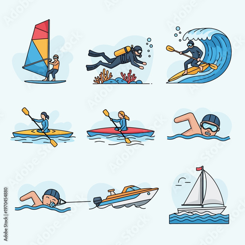 Water Sports and Activities Set: Surfing, Diving, Kayaking, Swimming, Boating, Sailing